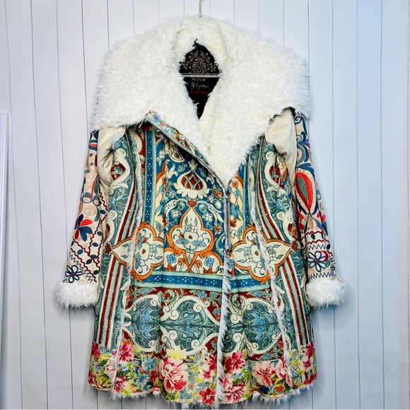 Johnny Was Jackets & Blazers - Johnny Was BIYA Halmstad Multi Patterned Embroidered Coat w/ Faux Fur & Suede L